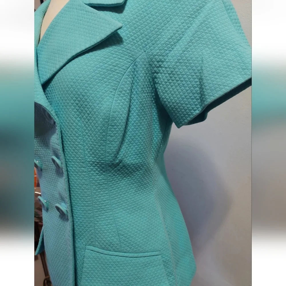 Vintage Christian Dior Teal Double Breasted Blazer Jacket Short Sleeve Women’s 8